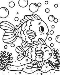 Cute fishes and bubbles. Coloring book
