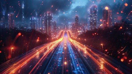 Naklejka premium abstract background of high speed global data transfer and super fast broadband in futuristic tech city at night illustration.illustration,stock photo