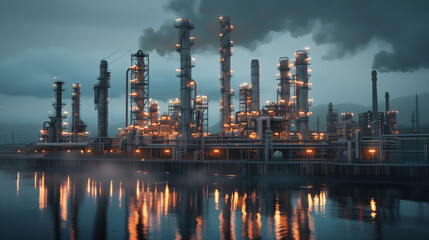 Obraz premium A large industrial plant on the water, from which a lot of smoke is pouring out. The sky is dark and cloudy. The concept of air pollution
