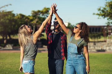 Friends, high five and students support in outdoor, team and together for agreement or celebration....