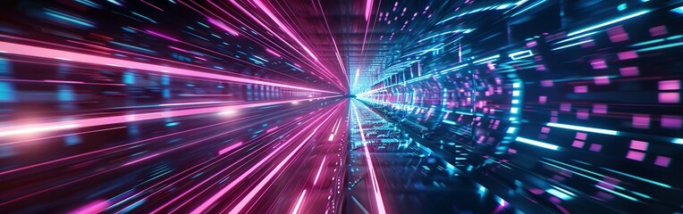 Abstract futuristic technology background with lines network high speed data transfer, big data, data center, server, internet, speed. dark blue and pink neon lights into digital technology tunnel