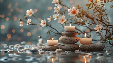 zen stones candles and white flower on beige background witn copy space wellness and harmony massage and bodycare spa and wellness concept.illustration,stock photo