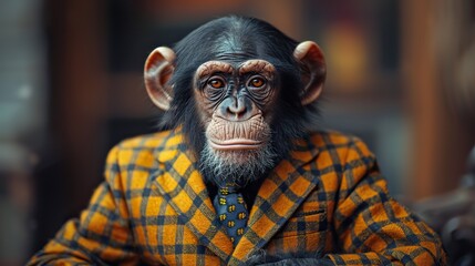 monkey dressed in an elegant suit with a nice tie fashion portrait of an anthropomorphic animal chimpanzee posing with a charismatic human attitude.stock photo