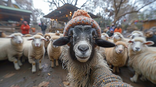 smiling goats and sheep funny selfie happy face.illustration