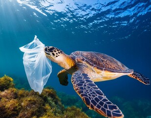 Turtle swims near a plastic bag. Plastic pollution in ocean, fighting for a clean ocean concept - Powered by Adobe