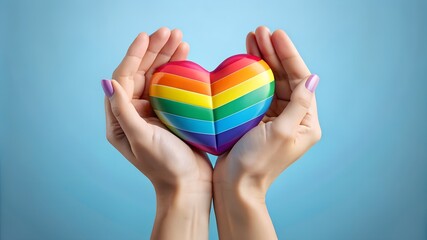 Womans hands hold heart in the colors of rainbow on light blue background. LGBT concept, Pride month. Top view, copy space