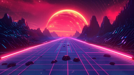 Retro Sci-Fi Neon colors, glowing lines, geometric shapes.