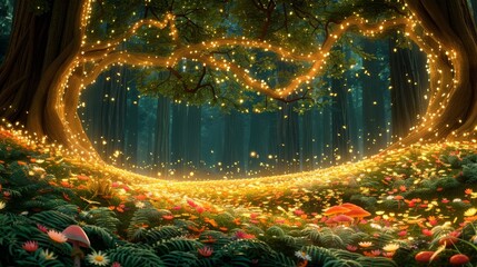 Enchanting Forest with Glowing Fireflies and Twinkling Lights Creating a Magical Circle in a Fantasy Nature Woodland Scene