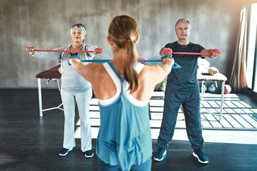 Stretching band, helping and senior people in physical therapy for support with muscle training by...