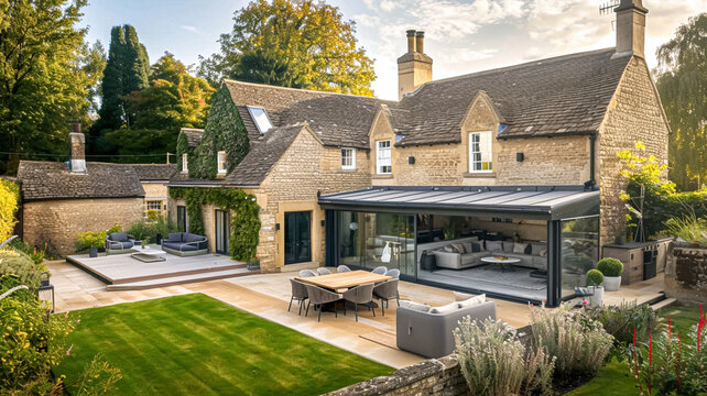 Cotswolds cottage in the English countryside style, modern architecture and design