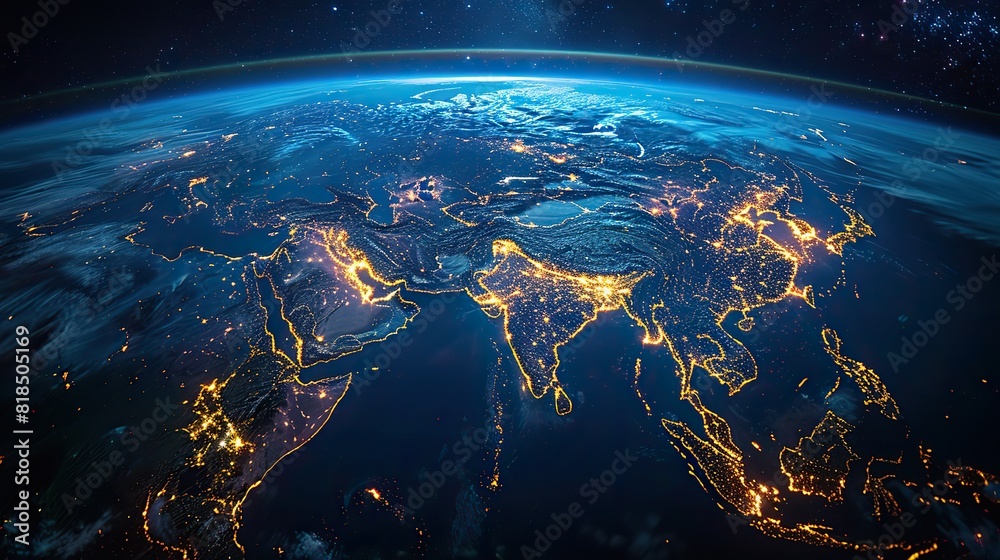 Wall mural digital world globe centered on south east asia concept of global network and connectivity on earth 