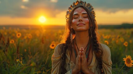 free shaman woman in ecstasy having trance and joy in nature at sunrise mystical emotion intense feeling divine grace spiritual awakening freedom sense.stock immage