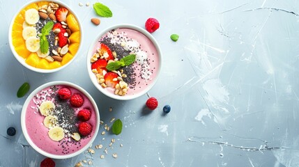 Four bowls of oatmeal topped with fruit and nuts displayed on a table, showcasing a delicious and...