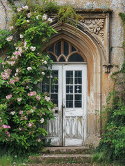 Entrance to a historic manor, framed by antique architectural elements and flanked by potted topiaries, features an aged door, the surrounding ivy and stonework add to the timeless elegance of the