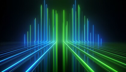 Fototapeta premium Abstract black background with green blue neon lines go up and disappear. 3d illustration