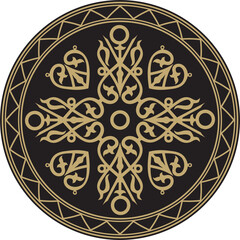 Vector gold on a black background Yakut round ornament. The circle of the ancestors of the northern peoples of the tundra. Talisman, amulet, protection symbol of longevity and infinity.
