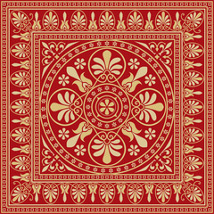 Vector gold with red classic Greek square ornament. Rectangle of Ancient Greece and Roman Empire. Byzantine painting of walls, floors and ceilings. Decoration of European palaces