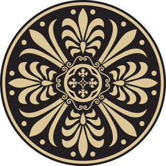 Vector gold with black classic Greek round ornament. Circle of Ancient Greece and the Roman Empire. Byzantine painting of walls, floors and ceilings. Decoration of European palaces