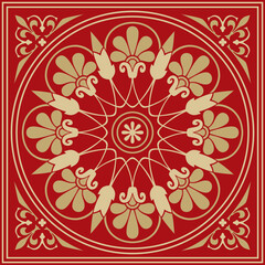 Vector gold with red classic Greek square ornament. Rectangle of Ancient Greece and Roman Empire. Byzantine painting of walls, floors and ceilings. Decoration of European palaces
