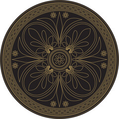 Vector gold with black classic Greek round ornament. Circle of Ancient Greece and the Roman Empire. Byzantine painting of walls, floors and ceilings. Decoration of European palaces