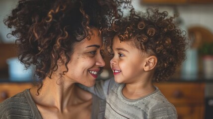 Obraz premium Adorable mother touching noses with little son in kitchen Cheerful mother and son look at each other lovingly Single mother love, bonding