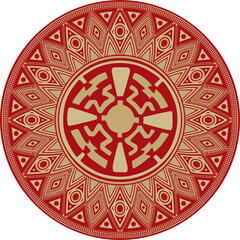Native American vector round gold with red pattern. Geometric shapes in a circle. National ornament of the peoples of America, Maya, Aztecs, Incas