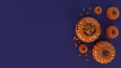 3D halloween candy bowl background. Happy halloween decoration background