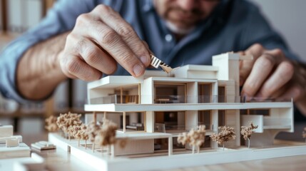 Close up of hands of male architect building model house Male architect working in office