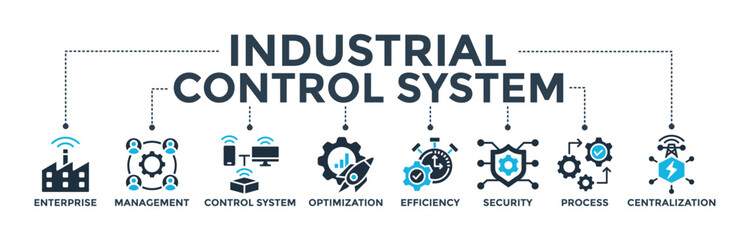 Industrial control system banner concept with icon of enterprise, management, control system, optimization, efficiency, security, process, and  centralization. Web icon vector illustration