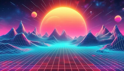 80s retro futuristic sci-fi. Retrowave VJ videogame landscape, neon lights and low poly terrain grid. Stylized vintage vaporwave 3d illustration background with mountains, sun and stars. - Powered by Adobe