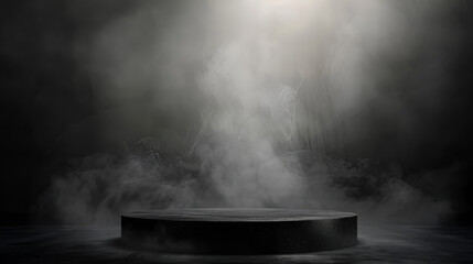 An empty cylindrical product display podium against a dark abstract wall with drifting smoke