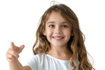 A beautiful girl with a smile points to the blank space next to her