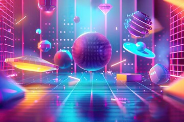 A vibrant, abstract hitech background with floating 3D shapes, holographic effects, and a prismatic color scheme