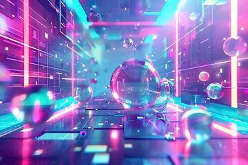 A vibrant, abstract hitech background with floating 3D shapes, holographic effects, and a prismatic color scheme