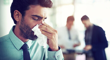 Office, business and man with tissue, sneeze and sick with allergy, health condition and illness....