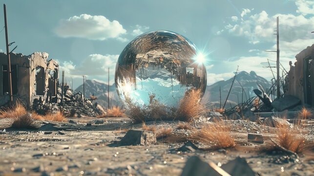 thriving crystal orb amidst postapocalyptic destruction natures resilience concept hyperrealistic 4k render