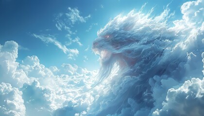 A majestic cloud formation resembling a lion's head against a bright blue sky, evoking fantasy and imagination. Perfect for creative and artistic use.