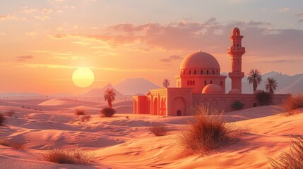 Fototapeta premium Desert landscape with minimalist Arabic festival decorations