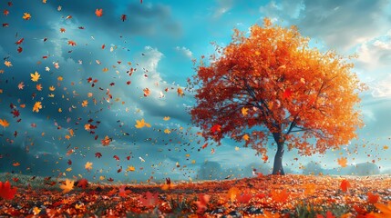 A vibrant autumn tree stands amidst a windy landscape, with colorful leaves swirling through the air under a dramatic sky.