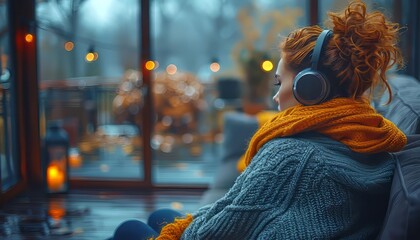 Cozy autumn scene with woman wearing headphones, sitting indoors by the window, wrapped in a warm orange scarf and grey sweater.