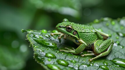 Obraz premium emerald green frog perched on glistening wet leaf vibrant amphibian wildlife closeup photo