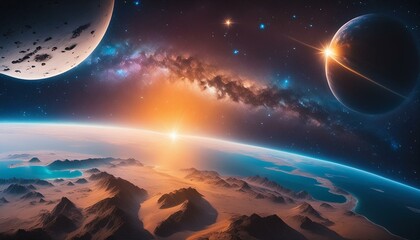 sunrise over the planet, galaxy in space,  hole over star field in outer space, abstract space wallpaper with form of letter O and sparks of light with copy space. Elements of this image furnished