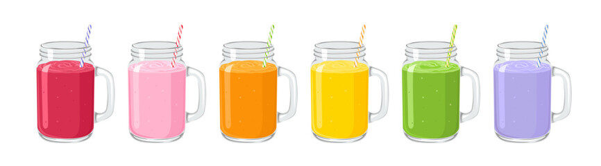 Row of fresh smoothies in mason jar glass with straws isolated on white. Vector cartoon illustration of different healthy juices or shakes.