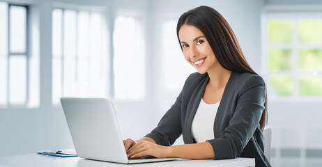 Young, attractive woman working on a laptop in brightly lit office, smiling.