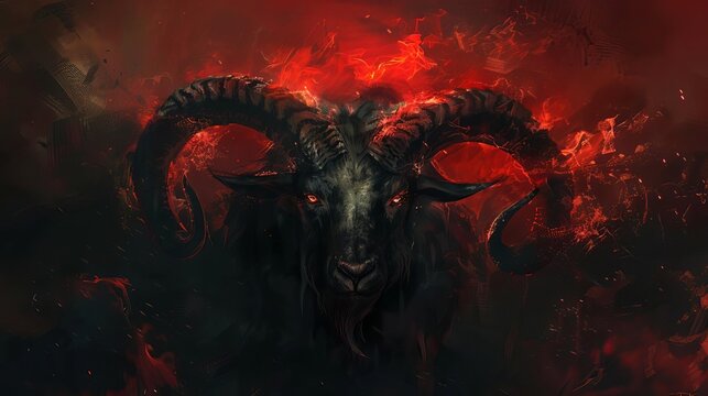 demon ram portrait baphomet goat lucifer horned devil belzebu fiery inferno background dark fantasy concept digital painting