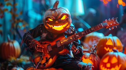 Halloween pumpkin guitar player with illuminated scary face jack o lantern rockstar monster