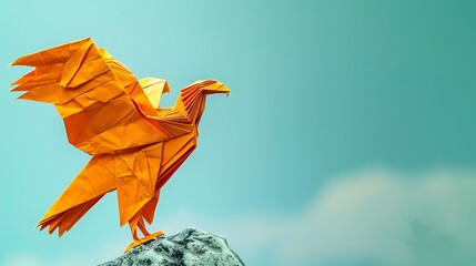 Origami eagle on small stone sky blue background