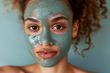 Fototapeta premium Model showing radiant skin after using a clay mask with earthy tones