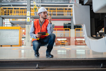 Railway maintenance engineers check readiness in the locomotive repair shop.