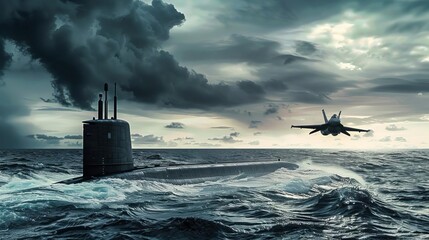 military nuclear submarine and fighter jet in ocean dramatic wide poster design